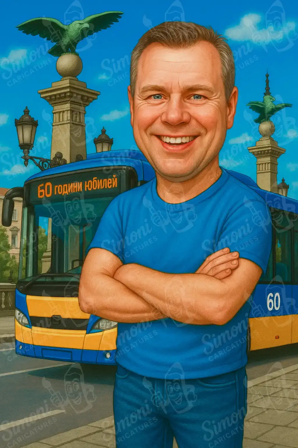 Карикатура на усмихнат мъж с кръстосани ръце, облечен в синя тениска и дънки, пред синьо-жълт градски автобус с надпис "60 години юбилей", на фона на паметници с орли – персонализиран портрет от Simoni Caricatures в живописен стил с детайлен градски пейза